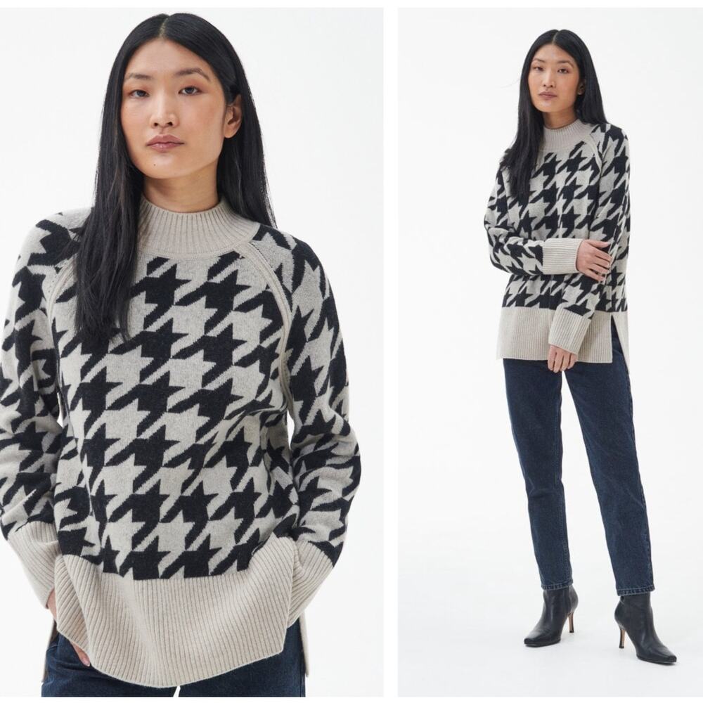 BARBOUR Tara Knitted Sweater Wool Large Houndstooth Print Sz 12 $170 {2C4}
